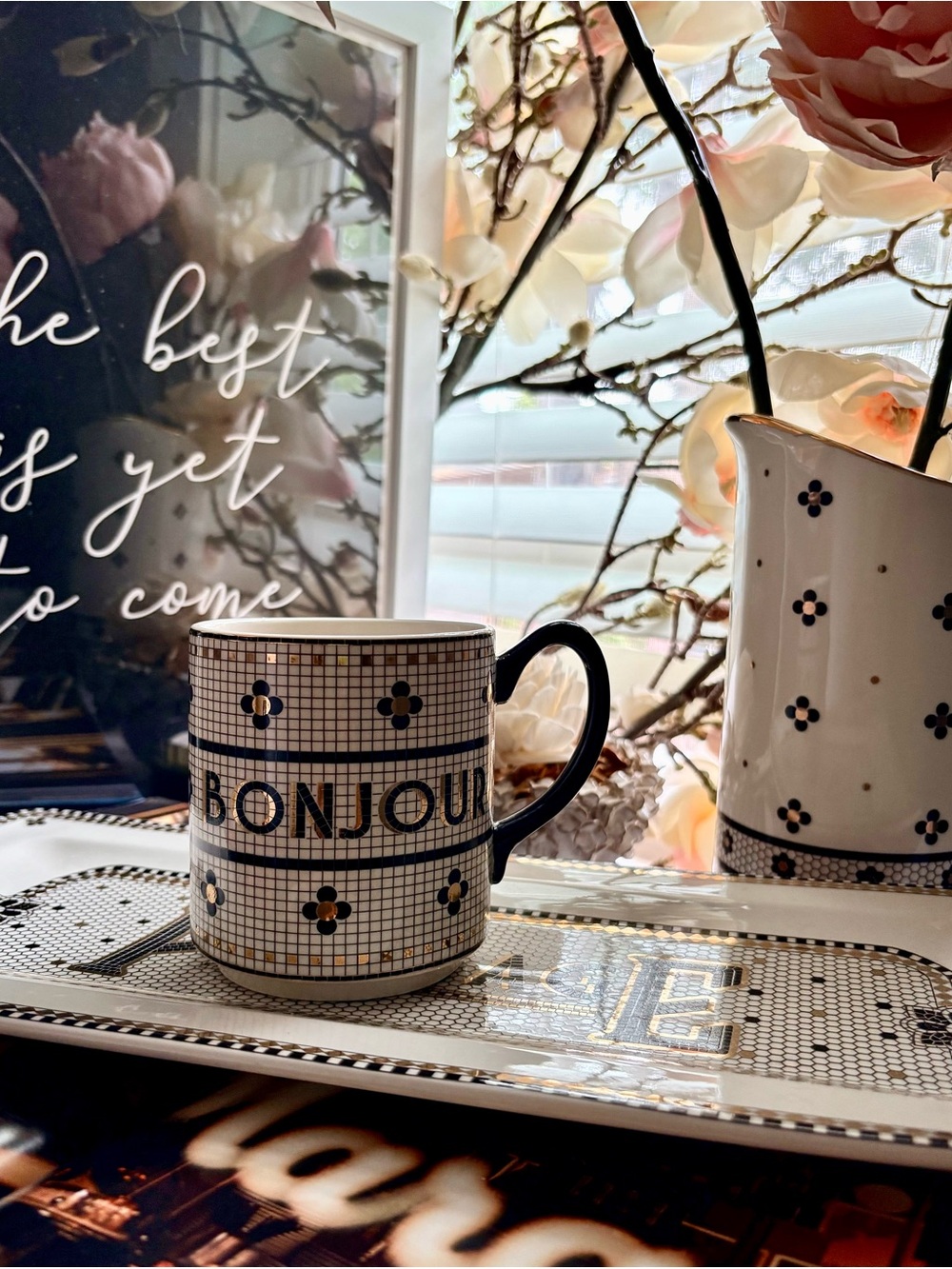 NWT Anthropologie Bistro Tile ‘Bonjour’ Mug